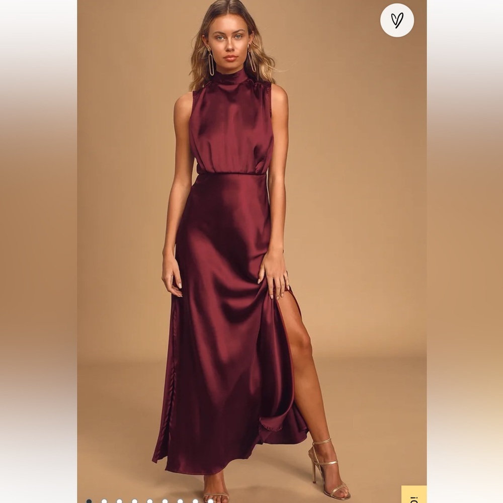 Classic Elegance Wine Satin Sleeveless Mock Neck Maxi Dress